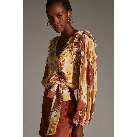 New Anthropologie Let Me Be Ruffled-Shoulder Wrap Long Sleeve Top $120 SMALL - Picture 1 of 4